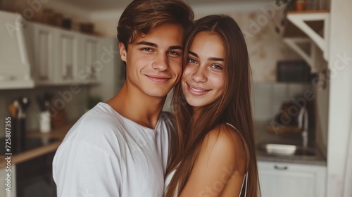 A young couple stands hugging on a  modern kitchen.