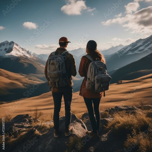 Casal com mochila nas costas fazendo trilha em Montanhas photo
