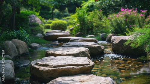 A stepping-stone pathway in a stream, interspersed with workdays, featuring Korean traditional stepping stones, creating a serene and cultural outdoor setting for relaxation and reflection