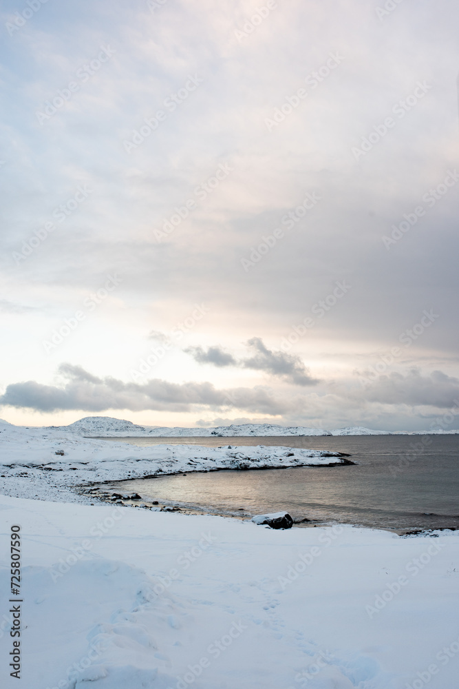 Vertical landscape with snow covered beach, overlooking the chilly ocean - Greenland Vertical landscape with snow covered beach, overlooking the chilly ocean - Greenland