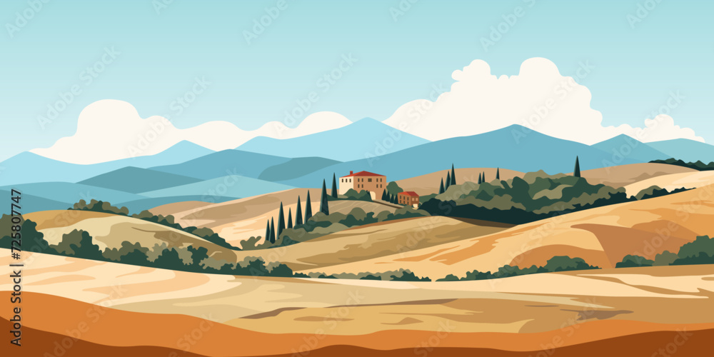 Landscape view of Tuscany hills. Italian countryside panorama with olive trees, old farmhouses and cypress. Rural panoramic scenery landscape. Vector illustration Landscape view of Tuscany hills. Italian countryside panorama with olive trees, old farmhouses and cypress. Rural panoramic scenery landscape. Vector illustration