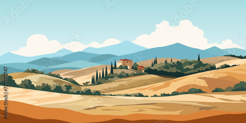 Landscape view of Tuscany hills. Italian countryside panorama with olive trees  old farmhouses and cypress. Rural panoramic scenery landscape. Vector illustration