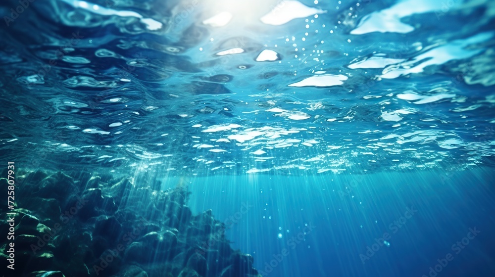 Blue ocean surface, Beautiful underwater landscape view with sunshine. Created with Generative AI