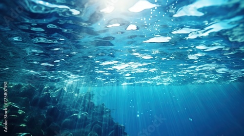 Blue ocean surface, Beautiful underwater landscape view with sunshine. Created with Generative AI © Alpa