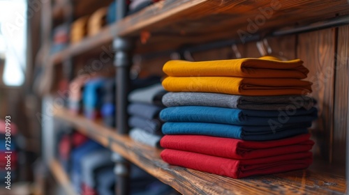 A stack of T-shirts lie side by side on a closet shelf.