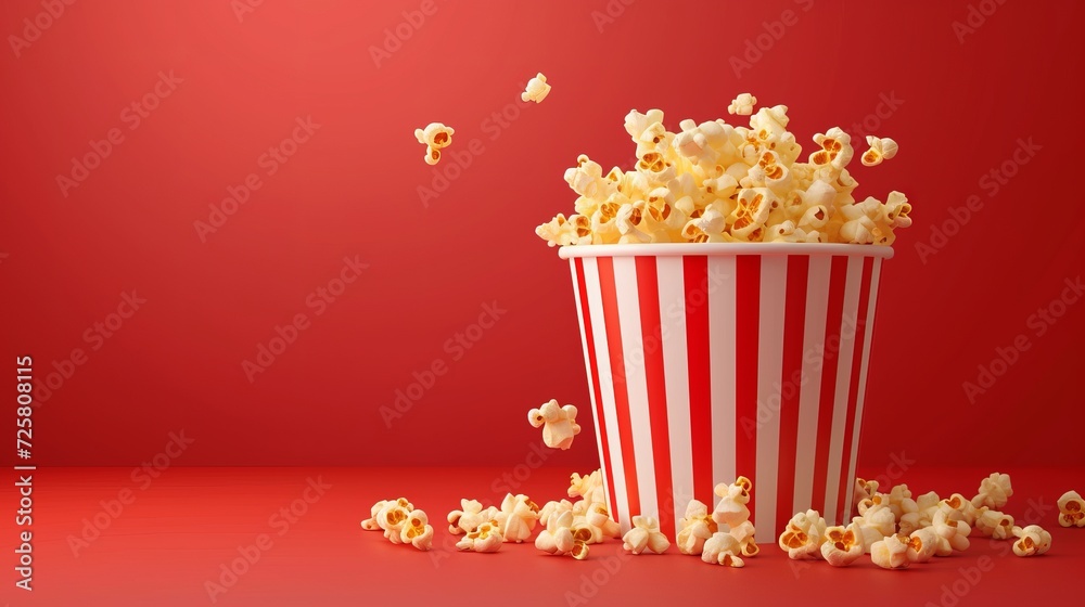 Popcorn bucket, realistic pop corn container of vector cinema or movie theater snack food. 3d box, bag or cup packaging of white and red striped paper with popped kernels of corn and maize