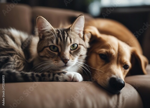 Gato e cão Deitados em um sofá na sala © Guy