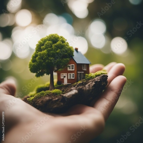 Uma mão segurando uma casa ao lado de uma árvore