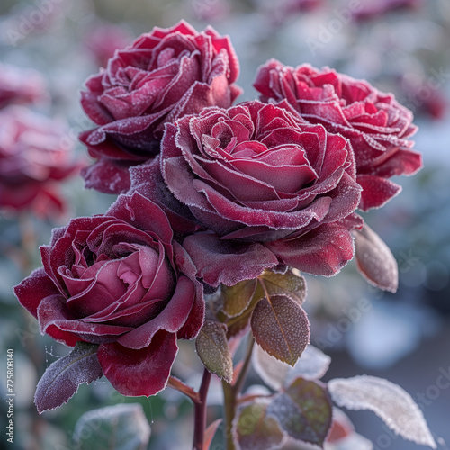 Red roses in frost, frozen flower, geberated AI photo