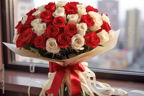 Elegant Bouquet of Red and White Roses by the Window