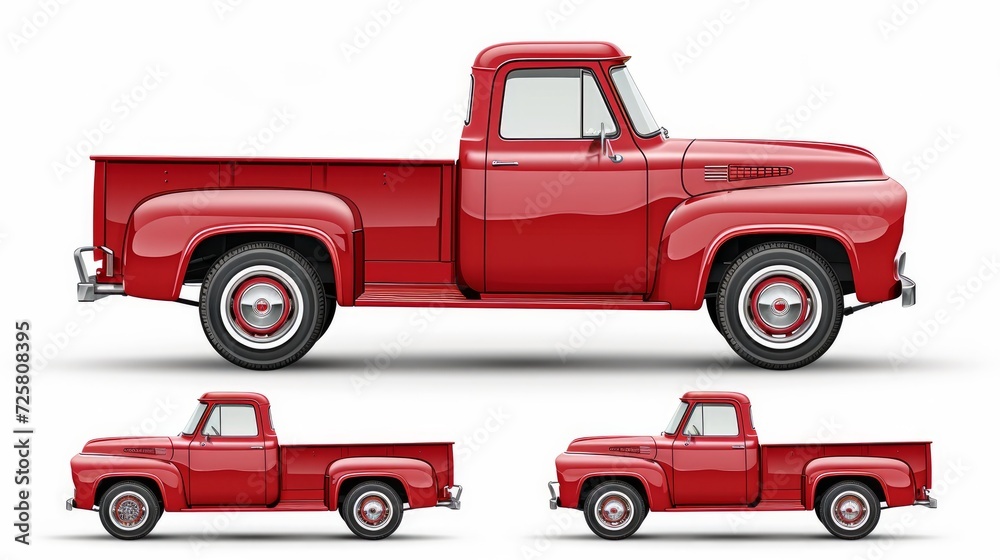 Retro car vector mockup on white background. Isolated red pickup truck view from side, front, back, top. All elements in the groups on separate layers for easy editing and recolor