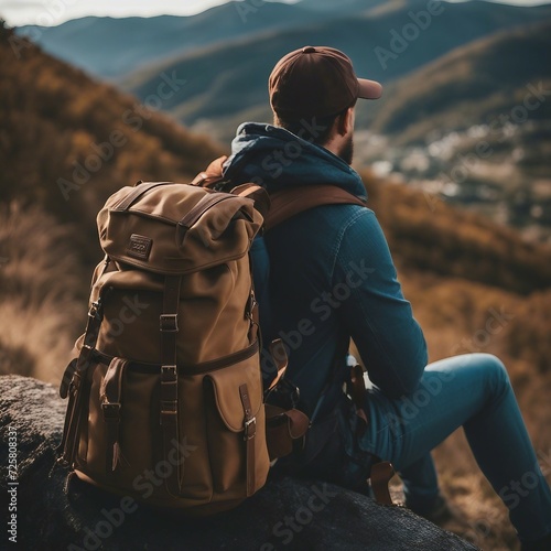  Homem andando em uma trilha com mochila nas costas ao lado de Montanhas photo
