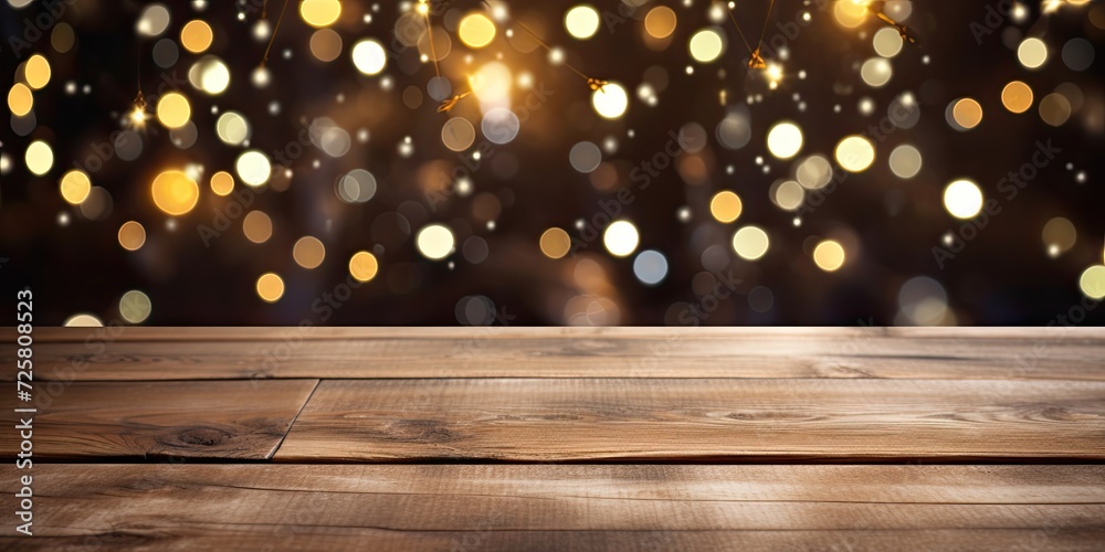 Table made of wood with lights of Christmas in background. Table made of wood with lights of Christmas in background.