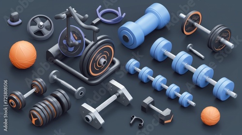 Set of 3d Vector of Workout gym tools, Sport equipment, Gym time concept