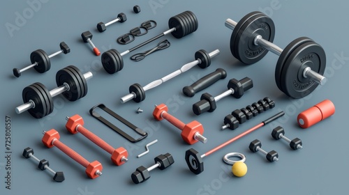 Set of 3d Vector of Workout gym tools, Sport equipment, Gym time concept