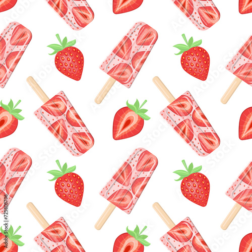 Seamless pattern of strawberries with green leaves and strawberry ice cream on a stick. Vector illustration on a white background.