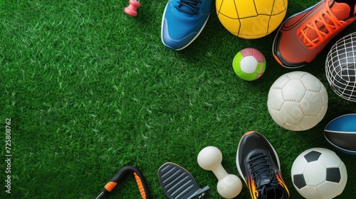 Set of different colorful sports equipment on green grass, flat lay. Space for text © Orxan