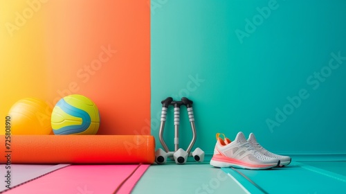Set of sport equipment on floor near color wall
