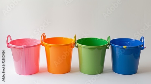 Six buckets on a white background red, orange, yellow, green, pink and blue