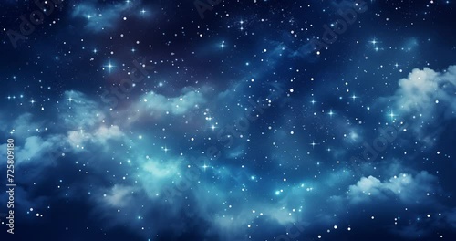 Animation of snow falling down, night sky with stars. Space background