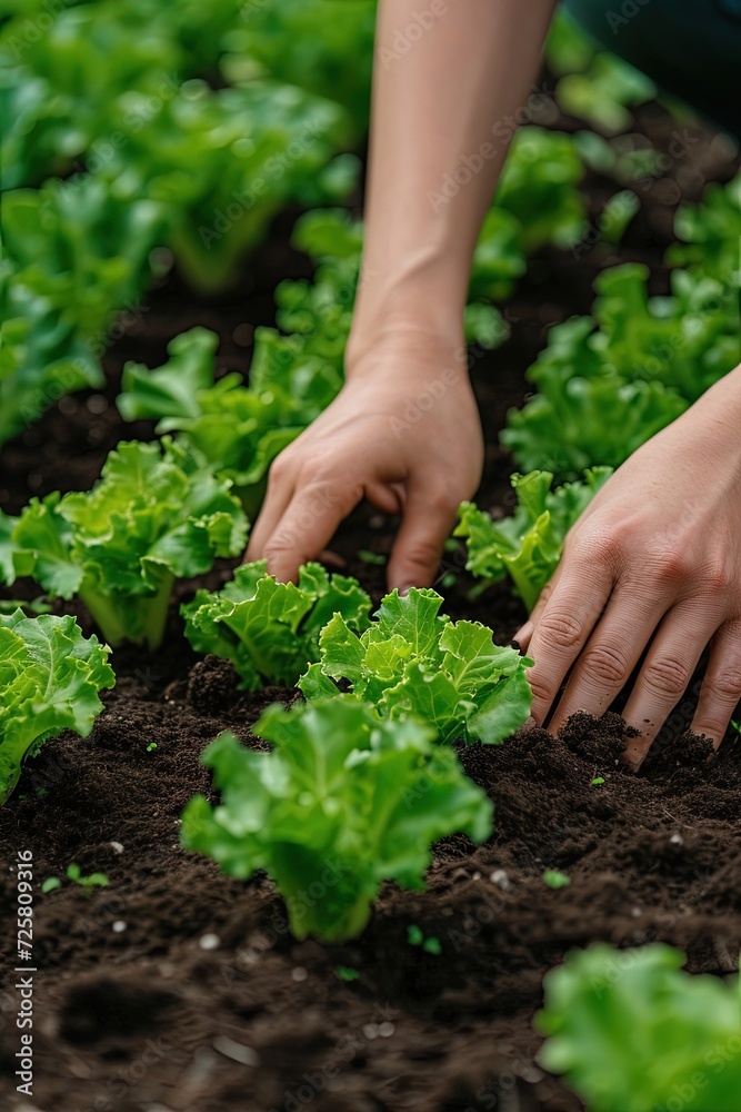 Hands of woman planting young lettuce seedlings in beds. Close-up. Skilled hands gently tending to lettuce seedlings.