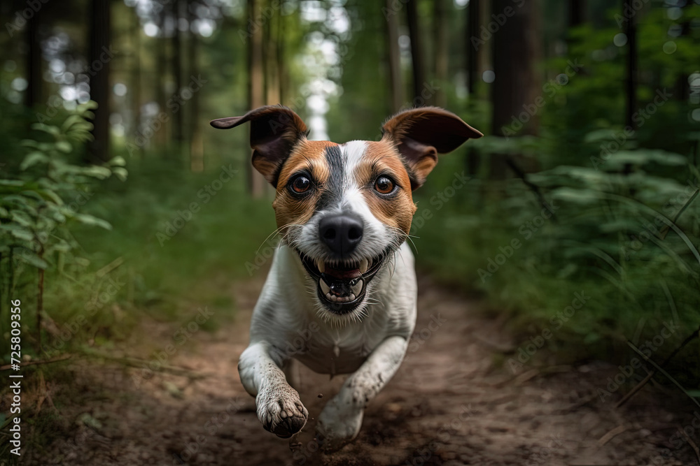 Spirited jack russell dog dashes through a lush forest, following a winding trail with every bound. Spirited jack russell dog dashes through a lush forest, following a winding trail with every bound.