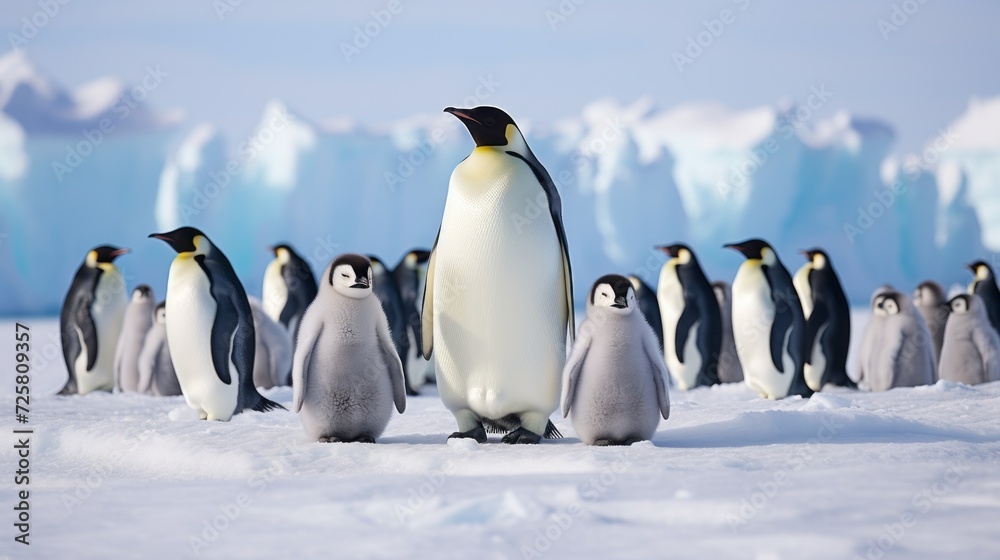 Obraz premium The Emperor Penguins family with their babies walk on snow, ice against the background of icebergs and blue sky in Antarctica. Wild Arctic nature, Birds, Winter and cold concepts.