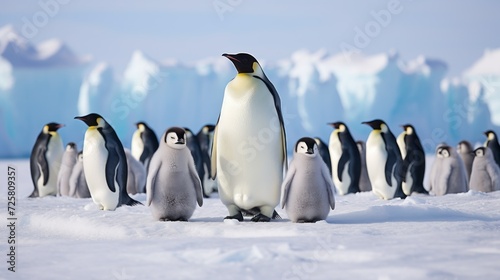 The Emperor Penguins family with their babies walk on snow  ice against the background of icebergs and blue sky in Antarctica. Wild Arctic nature  Birds  Winter and cold concepts.