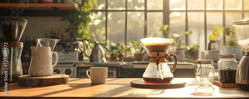 Coffee brewing culture. Coffee filter. Sunlight. Warm rays. Kitchen interior.