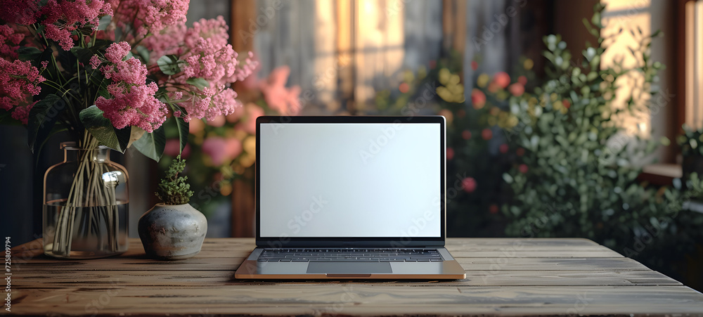 Mockup. Laptop. Plants. Soft colors. Mockup. Laptop. Plants. Soft colors.