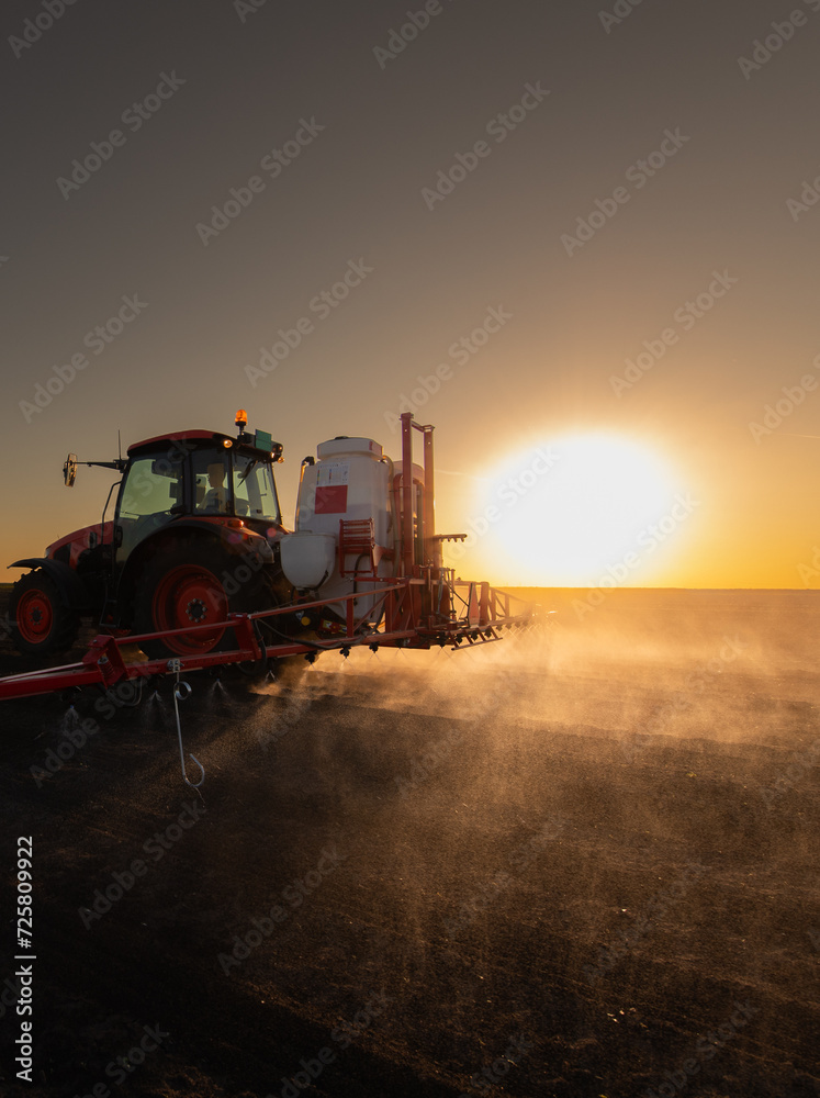 Tractor spraying soybean crops field Tractor spraying soybean crops field
