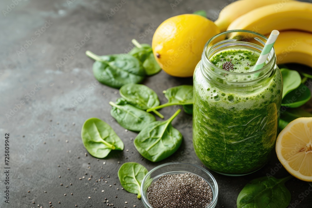 Green smoothie with spinach banana lemon apple and chia seeds in a glass jar Green smoothie with spinach banana lemon apple and chia seeds in a glass jar