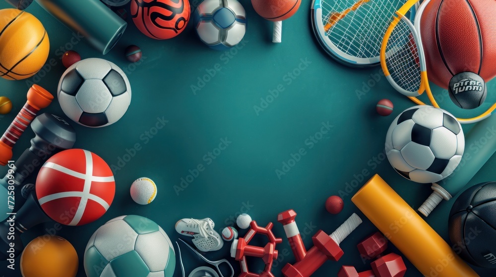 Sports equipment background. Sport concept with balls and gaming items. Balls for football, basketball, volleyball, rugby, soccer, tennis, golf. Athletic icons. Fitness equipment in round composition
