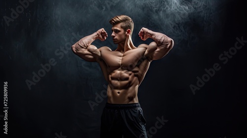 A muscular model sports a young man on a dark background, revealing his sporty, healthy, and strong physique with a focus on big shoulders, biceps, and triceps,