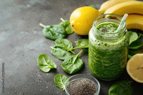 Green smoothie with spinach banana lemon apple and chia seeds in a glass jar