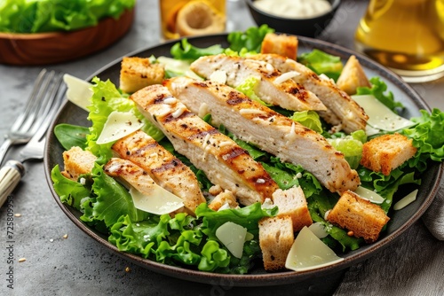 Grilled chicken Caesar salad healthy with cheese and croutons