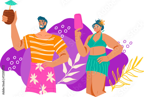 Hello Summer or Beach Party flyer or poster backdrop with cheerful people. Summertime design for banners and posters.