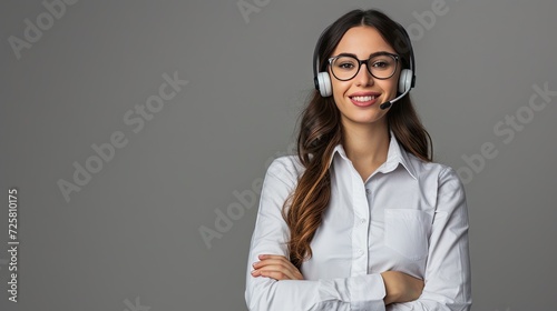 A young friendly operator woman agent with headsets standing near a gray background, conveying a sense of customer service and support with crossed arms