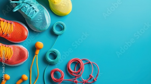 still life of group sports equipment for women and cardiogram of jump rope, on blue background. Fitness and healthy living, wellness concept photo