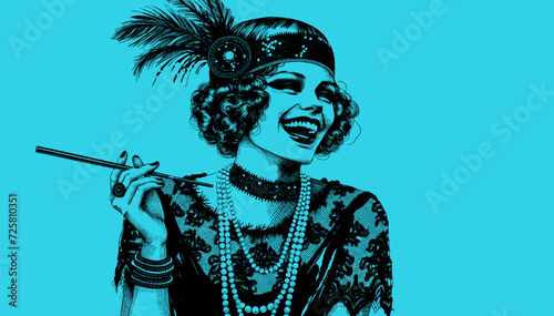 Dessin au trait - Personnage années folles - 1920 - Femmes qui fume et qui rit