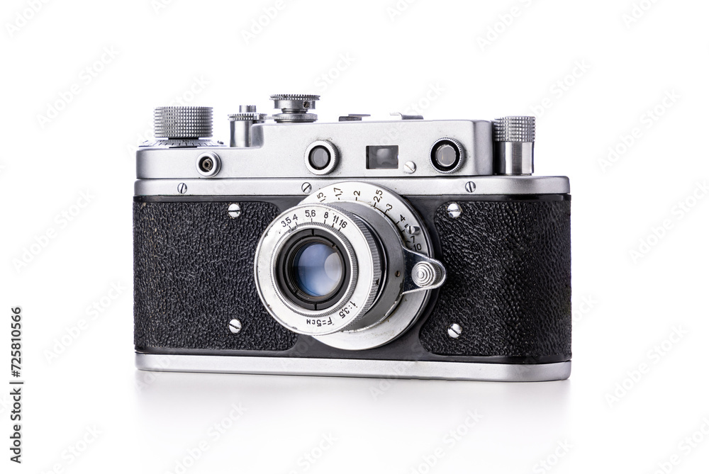 Old camera, retro photography film, vintage photo camera isolated on white background