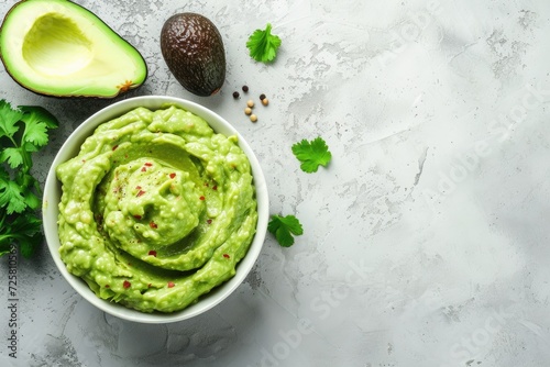 Healthy avocado spread with guacamole dip in a bowl on a white stone background featuring free text space photo