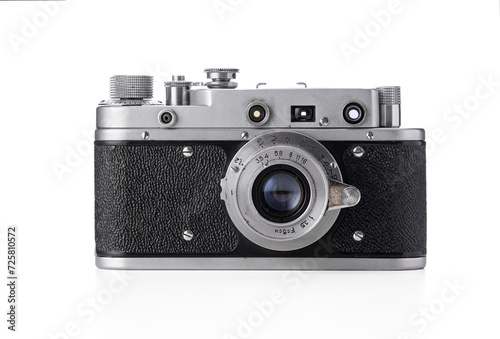Old film camera, retro photography vintage photo camera isolated on white background