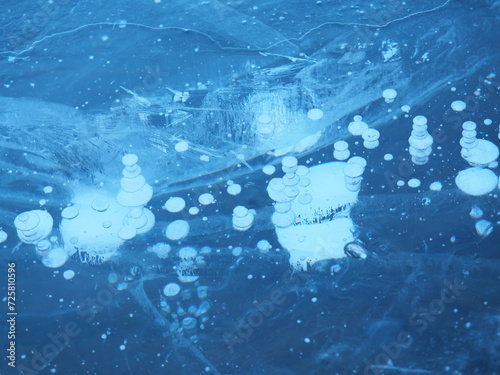 Hokkaido, Japan - January 30, 2024: Ice bubbles on the surface of a frozen lake Akan in Hokkaido, Japan 