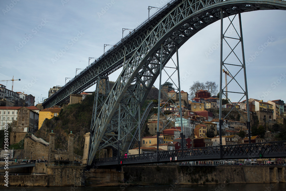 Ribeira and the Dom Luis Iron Bridge in Porto, Portugal.