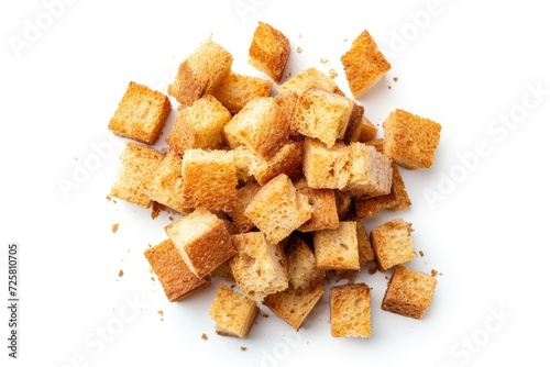 Heap of homemade bread croutons isolated on a white background