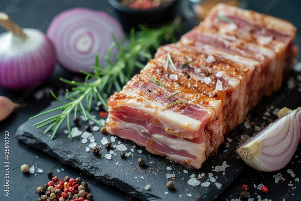 High quality photo of flavorful lard with onions and spices on a stone board set against a black background