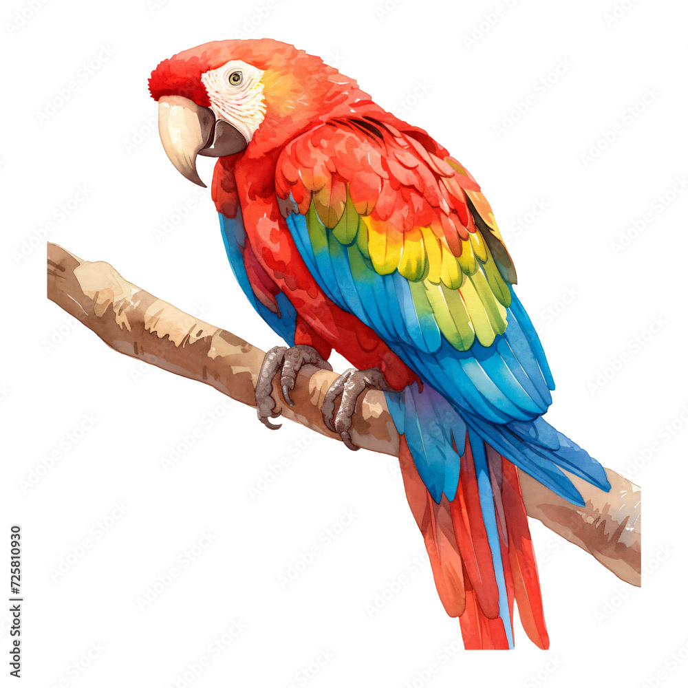 Macaw parrot on a branch isolated on transparent background. Funny watercolor illustration. Element for design, print, sticker. Tropical wildlife and rainforest