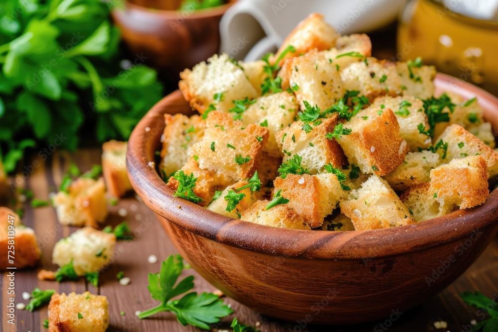 Homemade French croutons seasoned with parsley Homemade French croutons seasoned with parsley