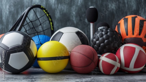 Variety Of Sport Balls And Equipment In Front Of Gray Surface